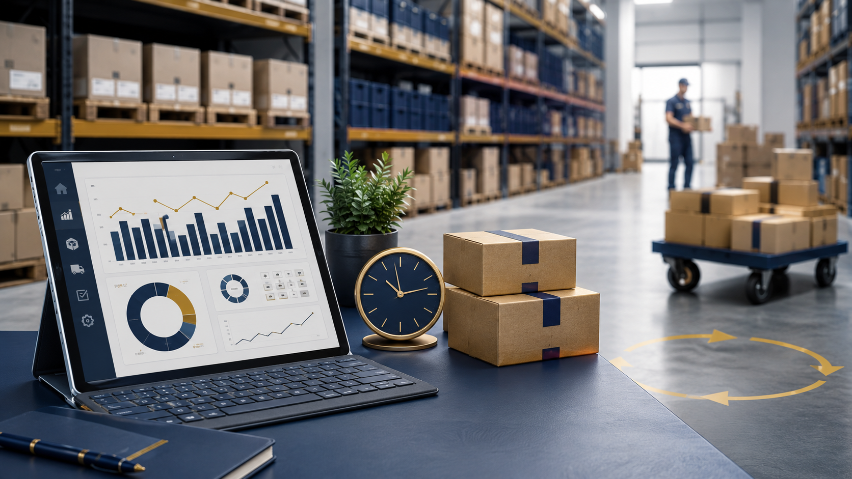 Inventory order cycle planning dashboard with warehouse packages and timing clock for supplier replenishment decisions.